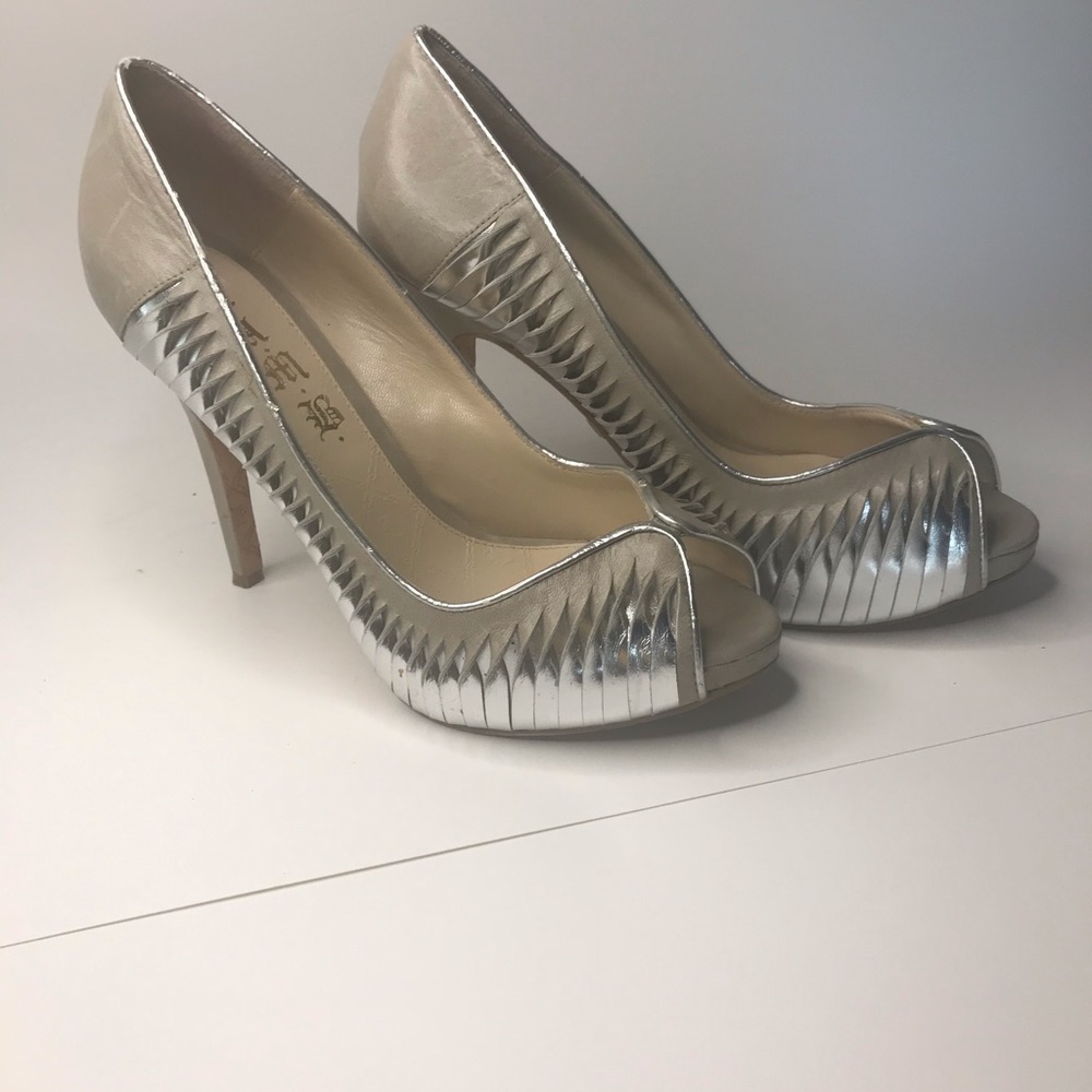 L.A.M.B. Silver and Beige Peep-Toe Heels